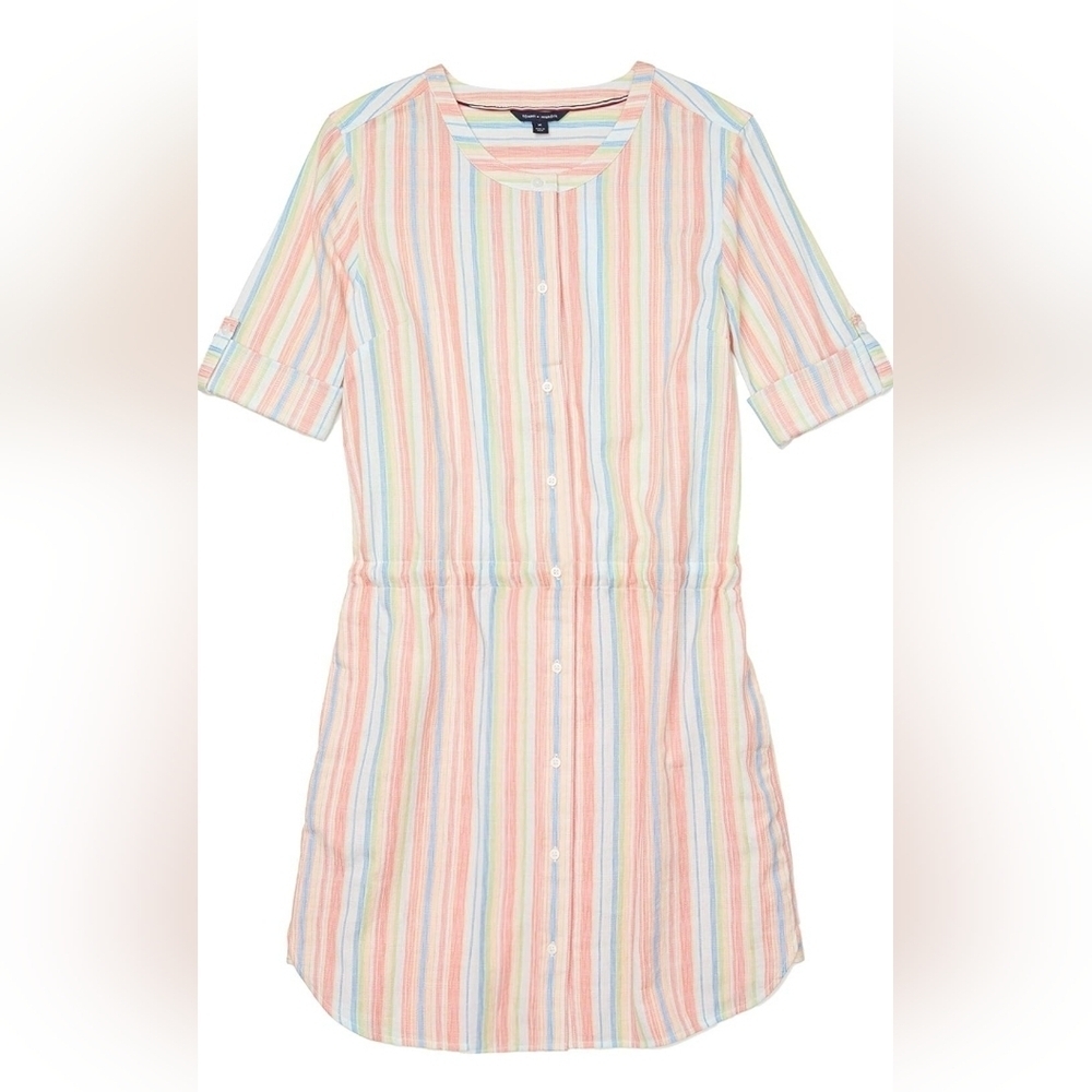 Tommy Hilfiger Shirt Dress Size XL‎ Multicolor Stripe Drawstring Button Front